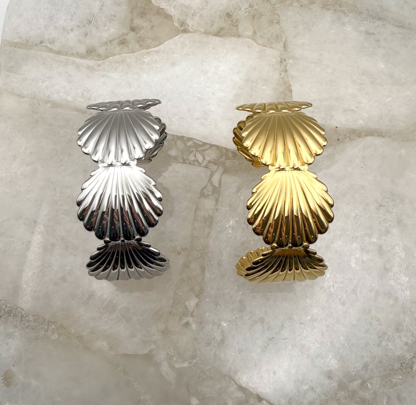 Scallop SeaShell Stainless Steel Gold or Silver Plated Open Back Adjustable Cuff Bangle Bracelet