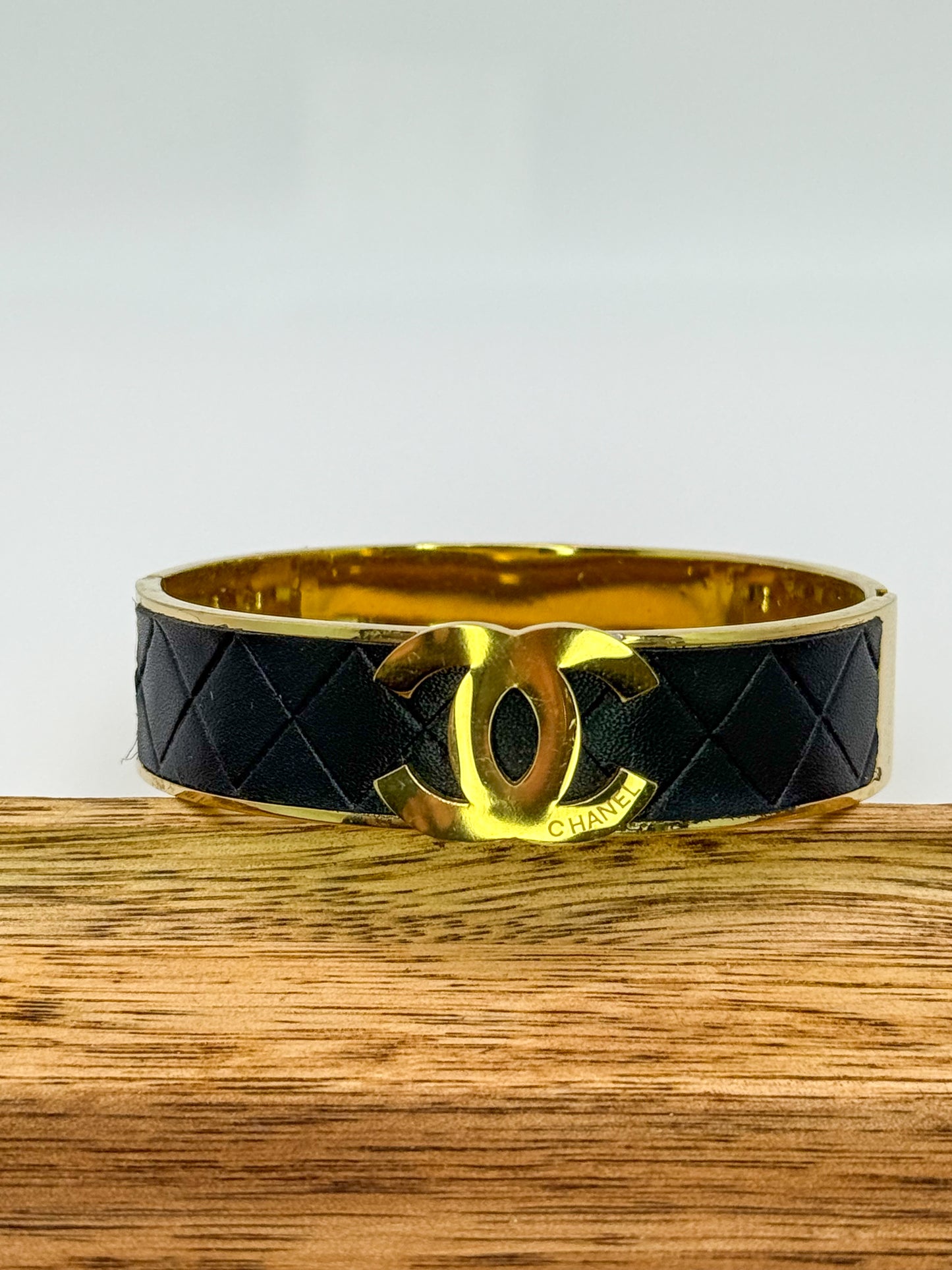 Thick Gold CC Bangle Bracelet with  Leather Wrap