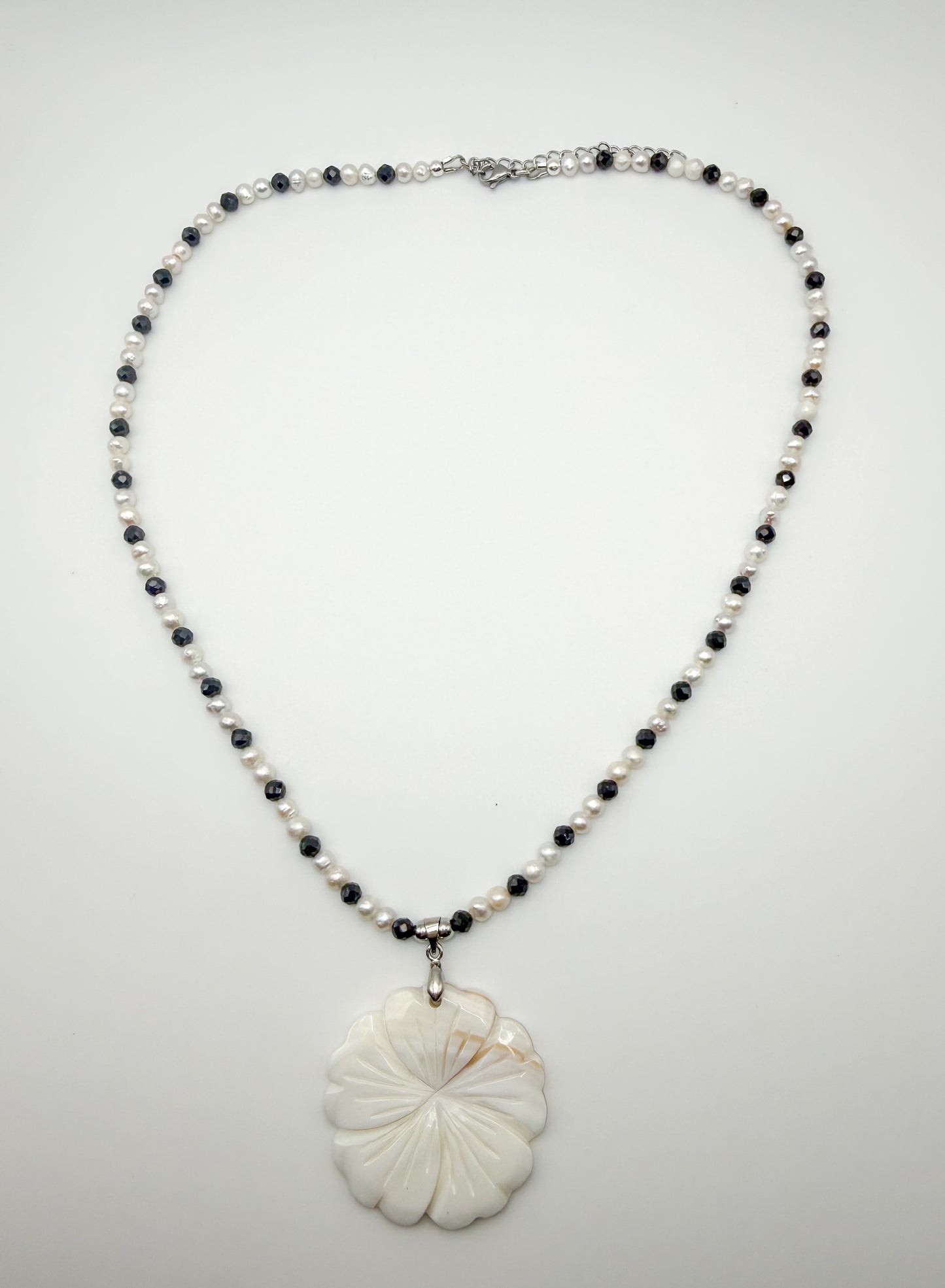 Natural Mother of Pearl Shell flower Pendant Freshwater Pearl & Natural Black Spinel Gemstone Statement Necklace