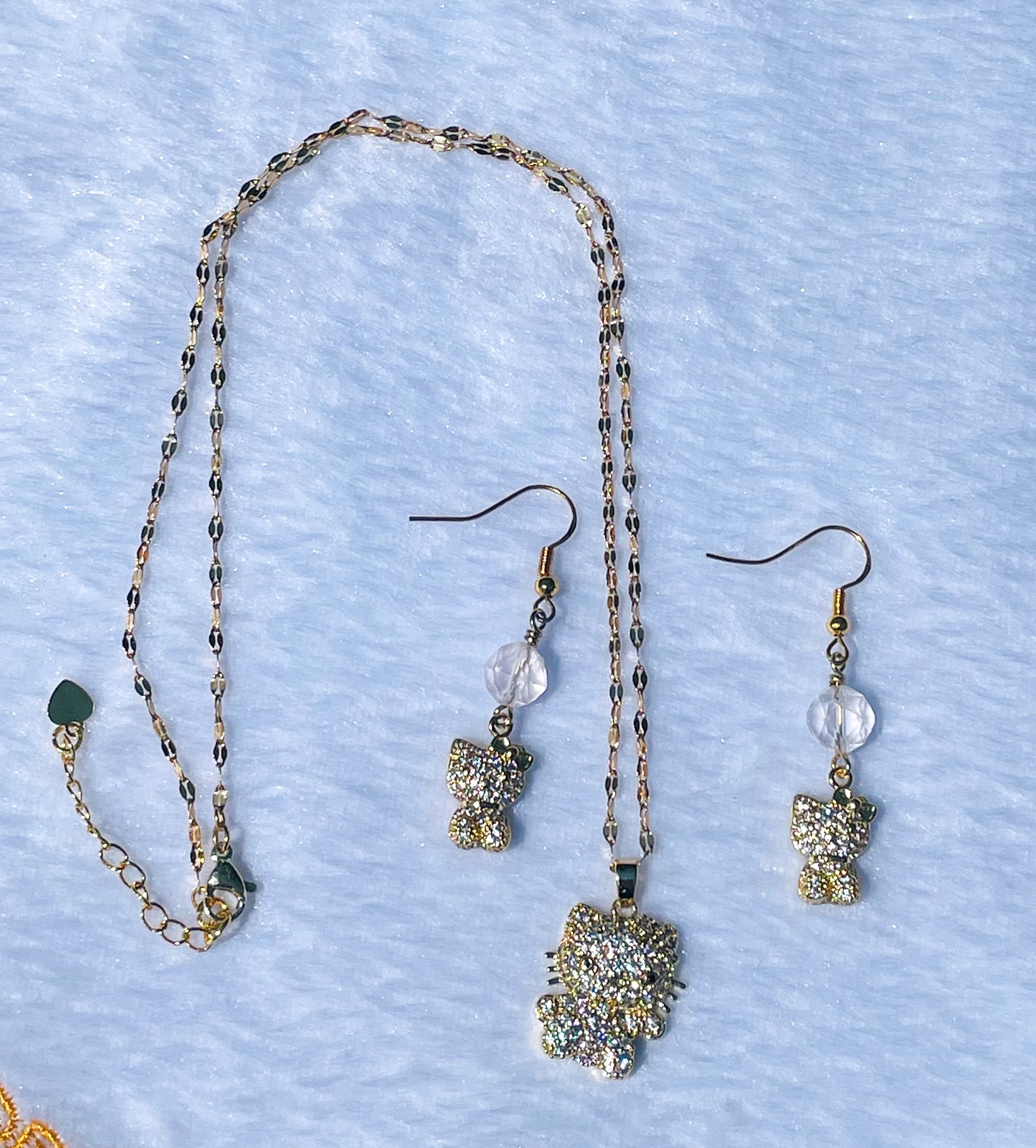 Hello Kitty Bling Gold Jewelry Set- Matching Necklace and Earrings-S925 Gold