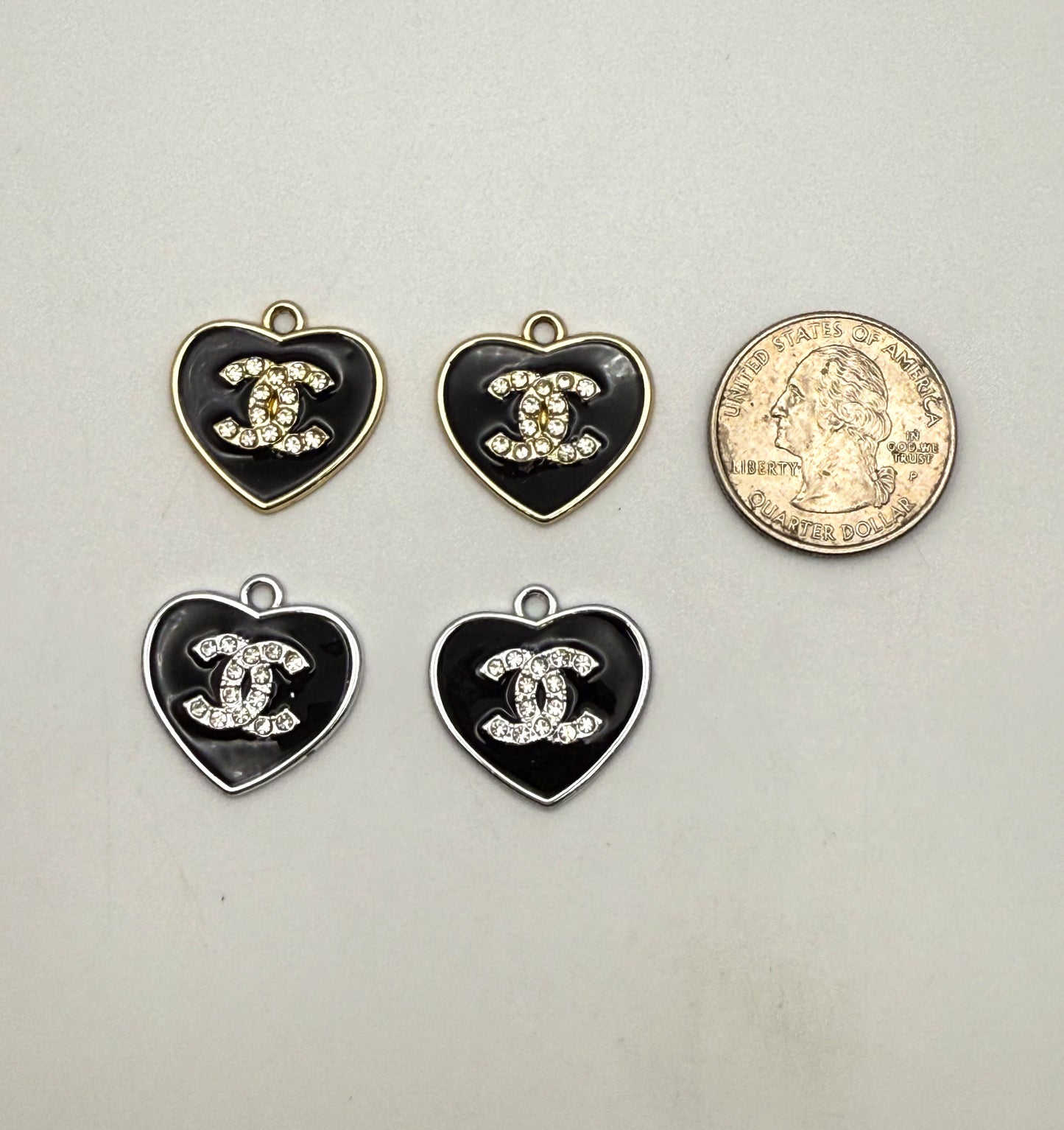 Solid Black CC Designer Heart Gold and Silver DIY Charms