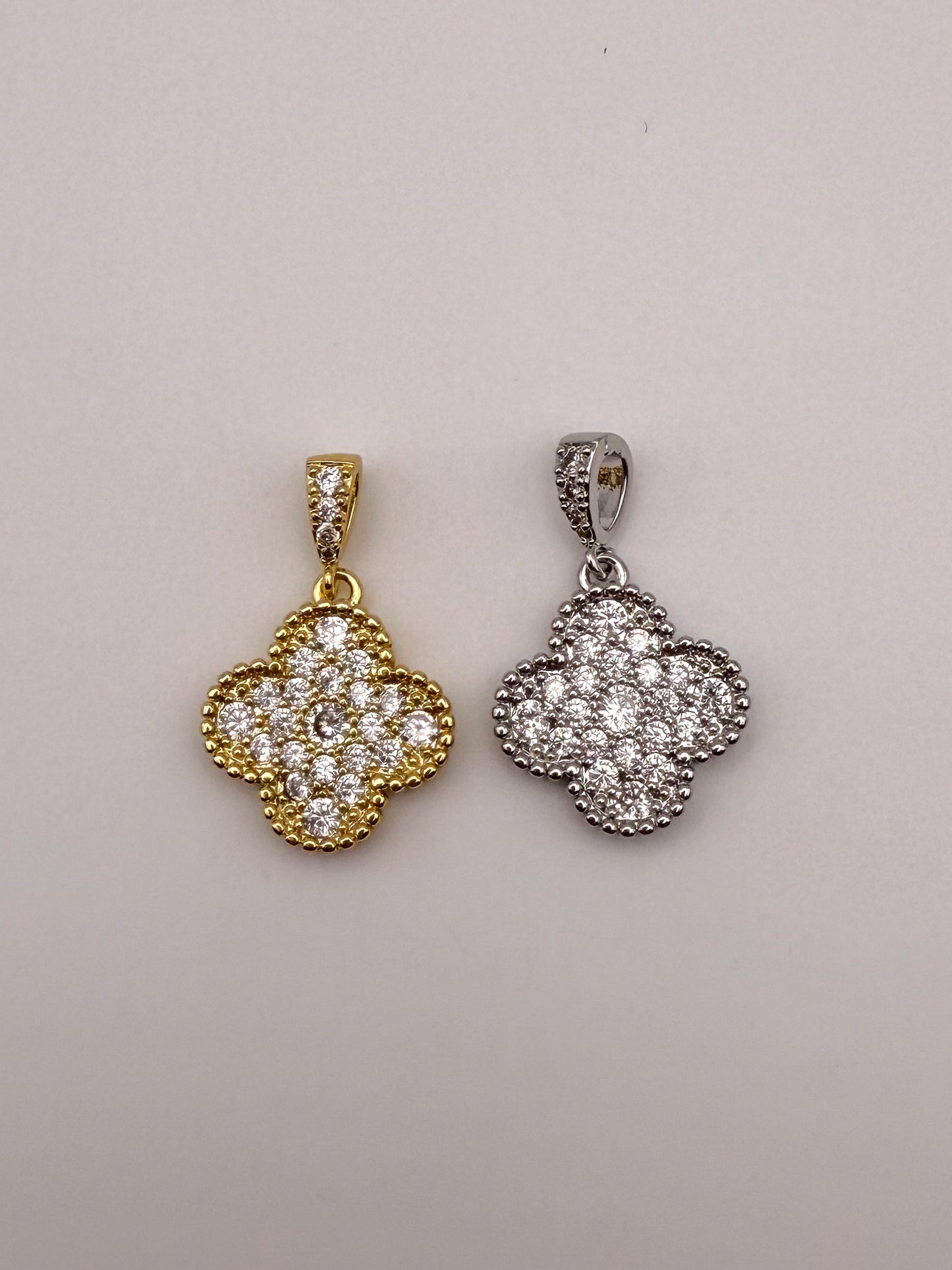 Gold & Silver Zircon Covered Clover  Charm Pendants