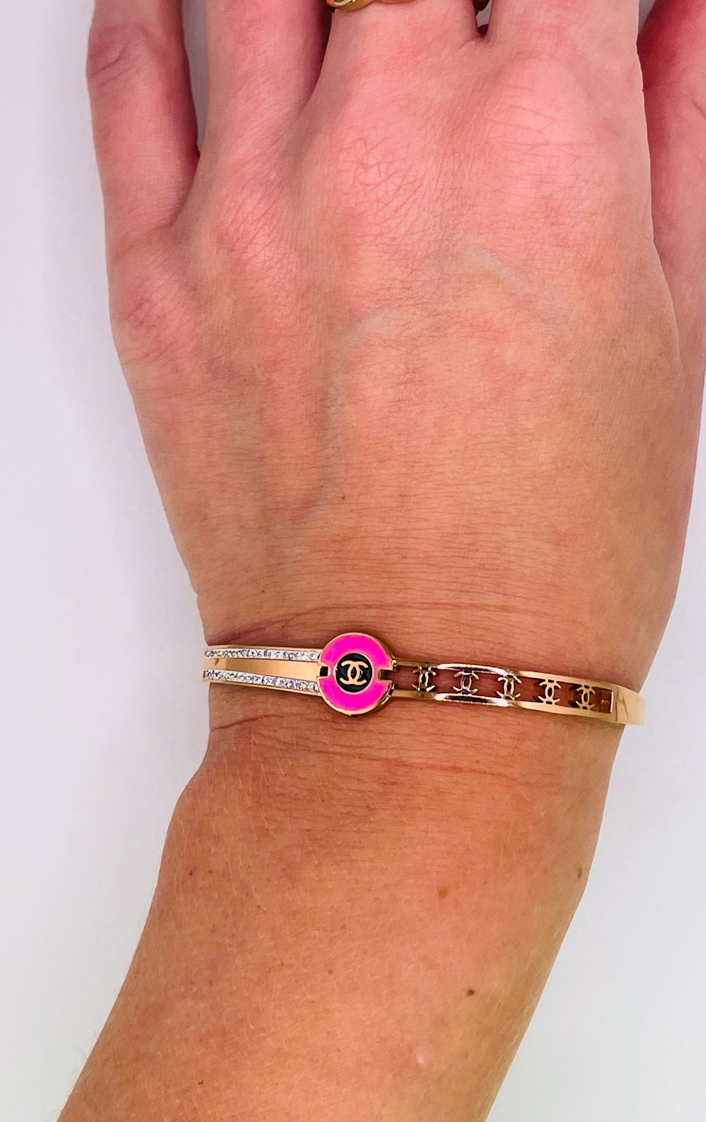 Pink Enameled CC Logo Gold Stainless Bangle Bracelet