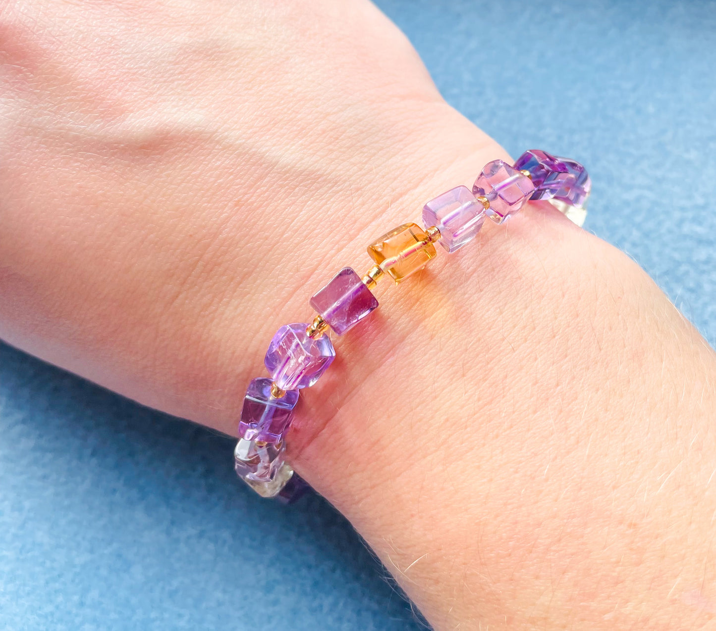 Natural Ametrine Square Shaped Crystal Stretchy Bracelet