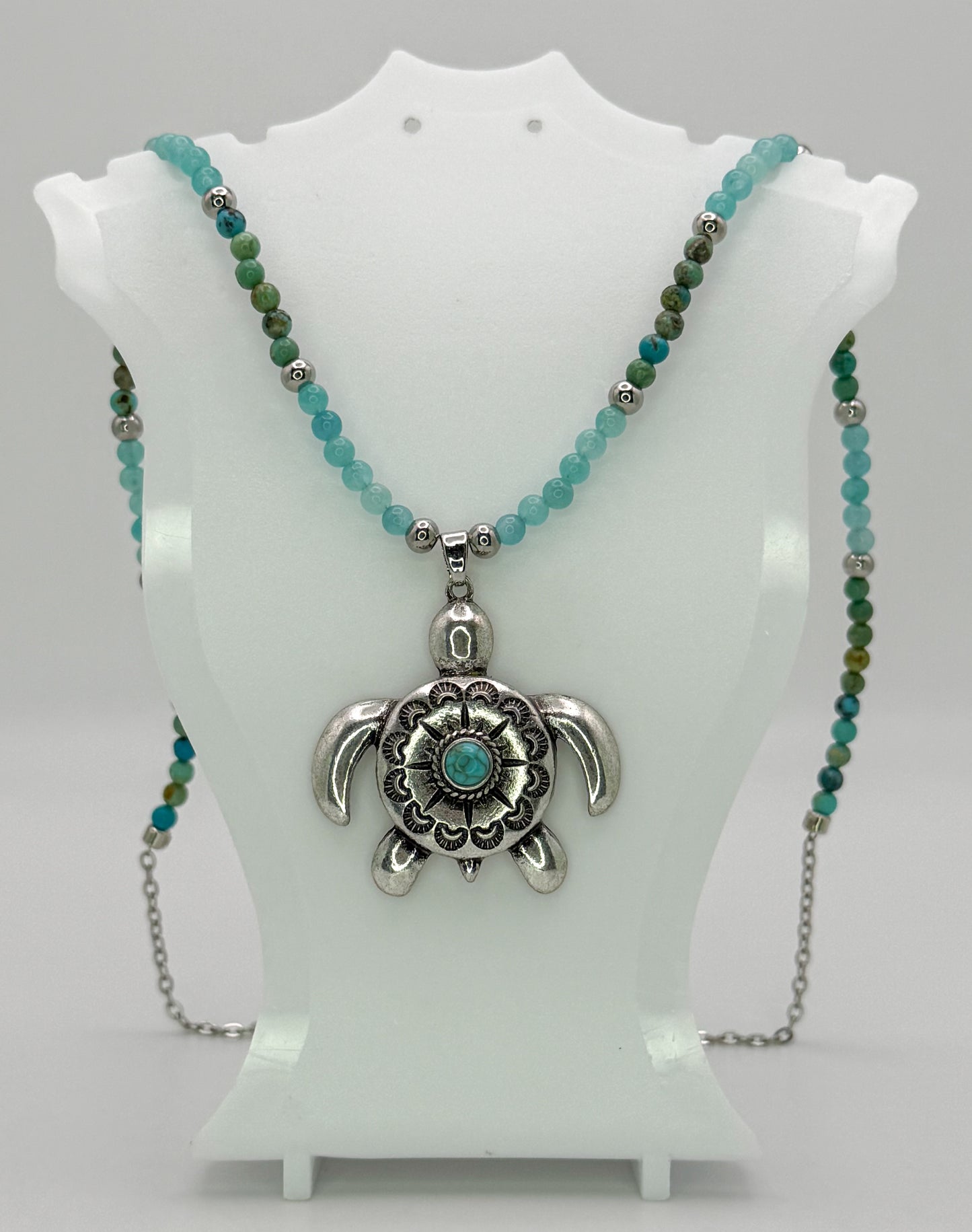 Natural Turquoise & Amazonite Crystal Beaded Necklace with Silver Sea Turtle Pendant
