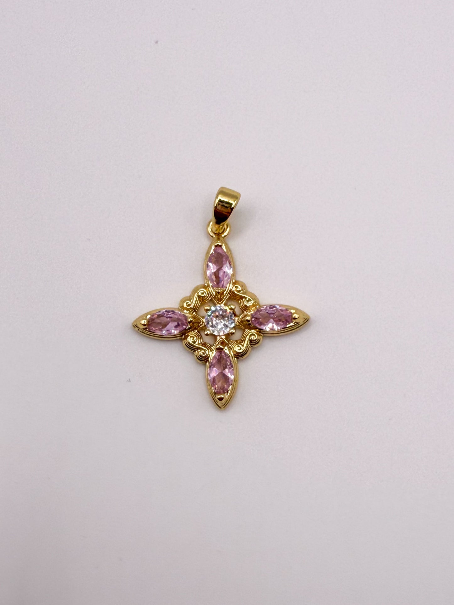 Pink Zircon Star Cross Gold Charm Pendant