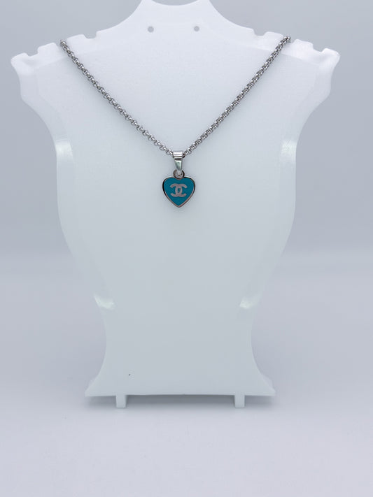 Mini CC Heart Blue Enamel Pendant on Stainless Steel Adjustable Necklace