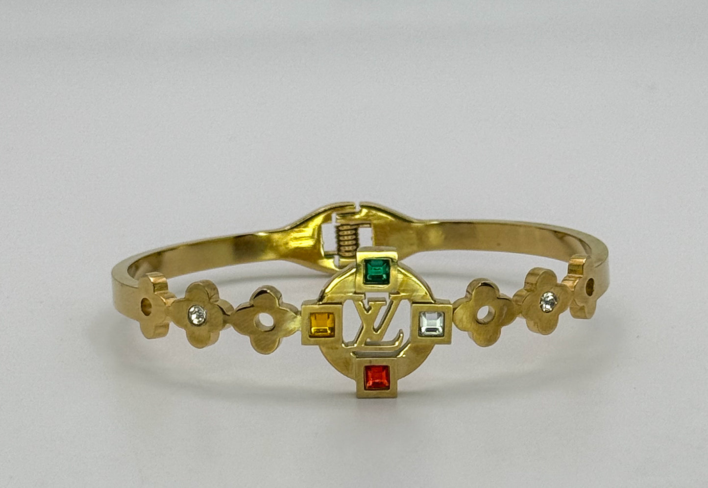 Gold LV Open Front Bangle Bracelet with Colorful Zircon