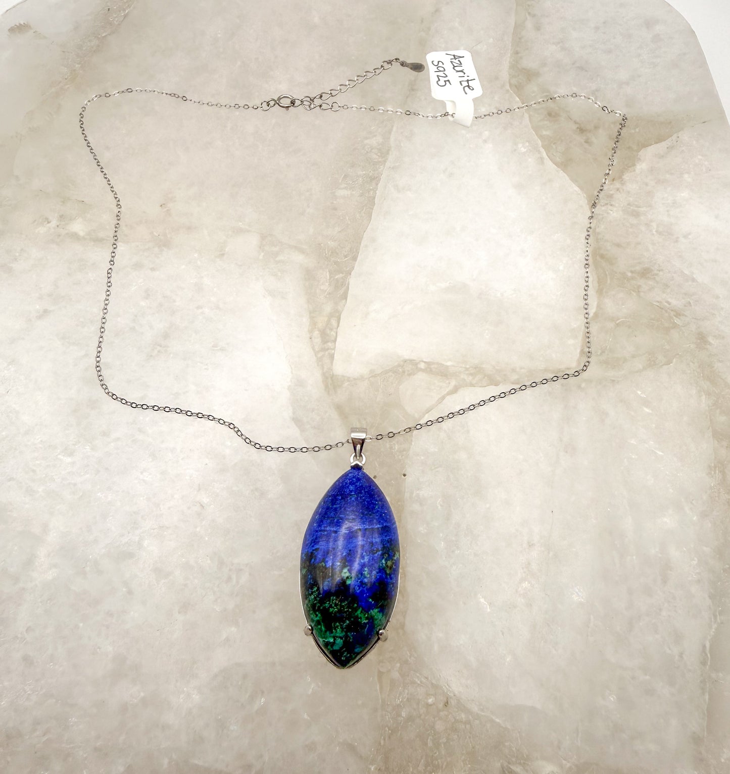 Natural Azurite Pendulum Pendant Stainless Steel Chain Necklace