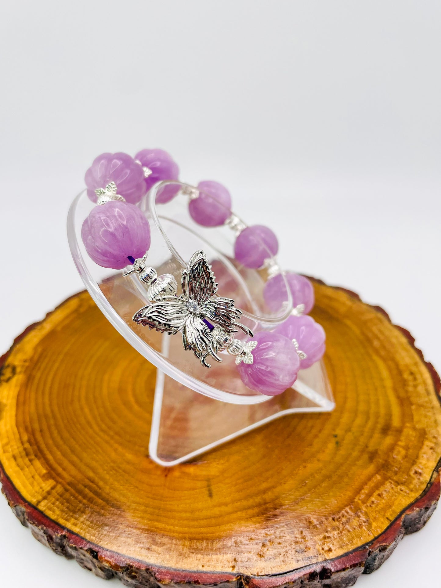 Natural Kunzite Pumpkin Craving Crystal Bracelet with Silver Double Butterfly Charm