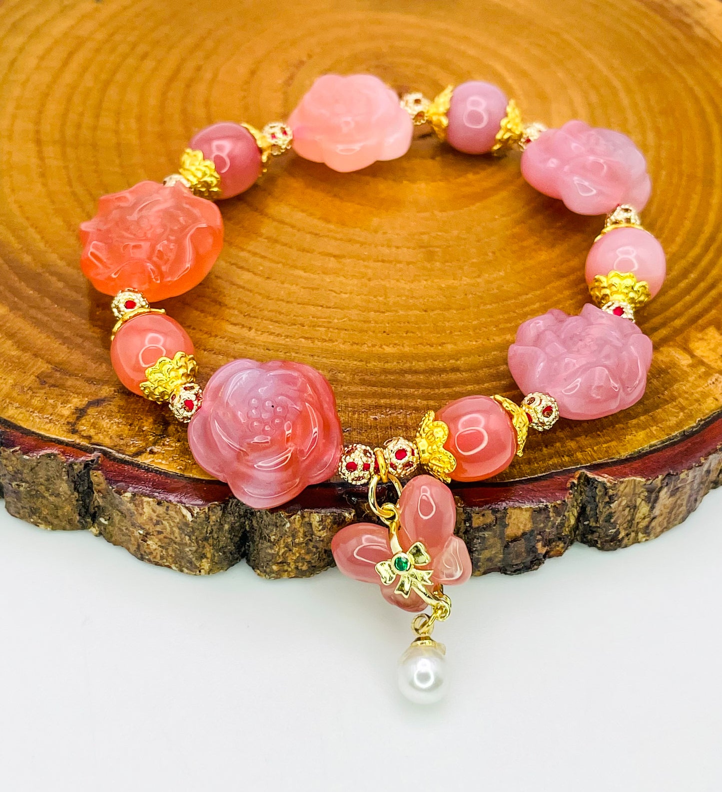 Natural Yanyuan Agate Peony Flower with Butterfly Dangle Carving Adjustable Stretchy Bracelet