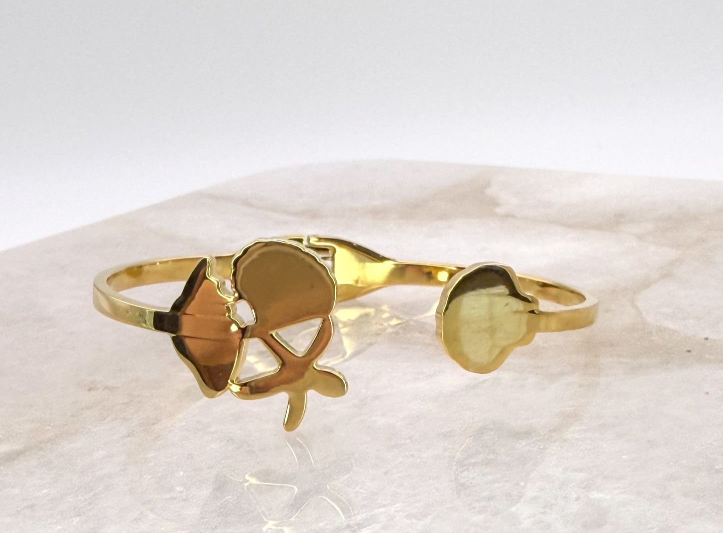 Gold Stainless Steel Mixed Sea Shell Open Front Bangle Cuff Bracelet
