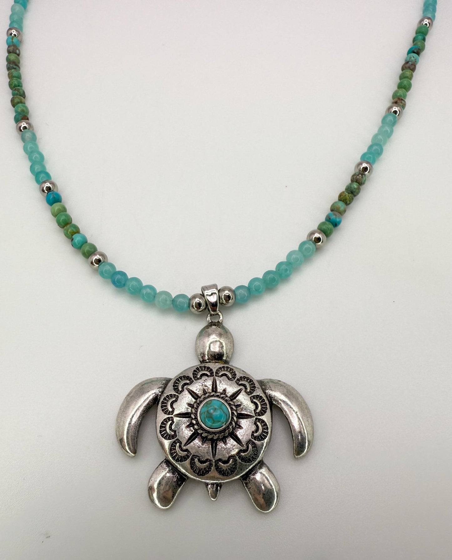 Natural Turquoise & Amazonite Crystal Beaded Necklace with Silver Sea Turtle Pendant