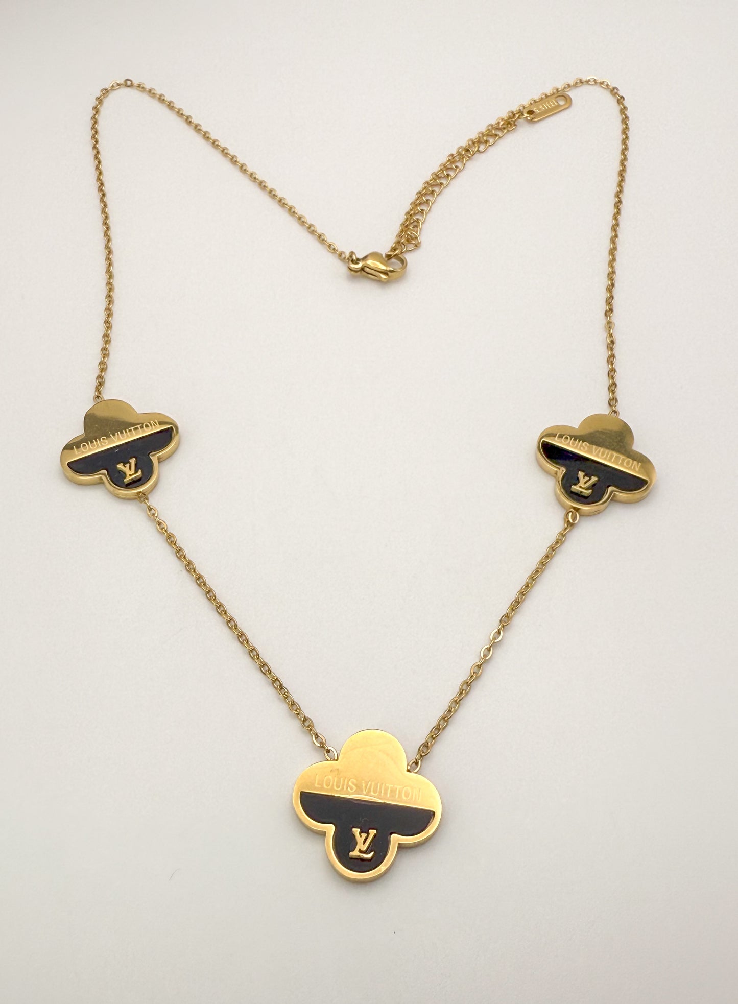 LV Gold & Black Logo Clover Jewelry Set-Matching Necklace, Stud Earrings & Bracelet