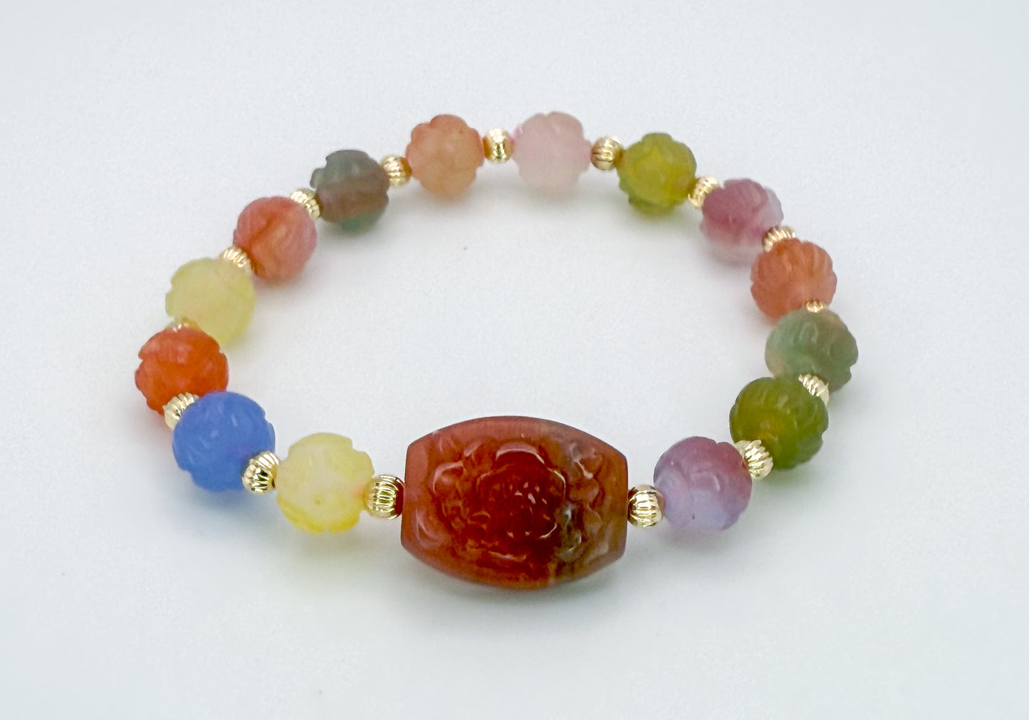 Natural Yanyuan Agate Peony & Lotus beaded stretch bracelet