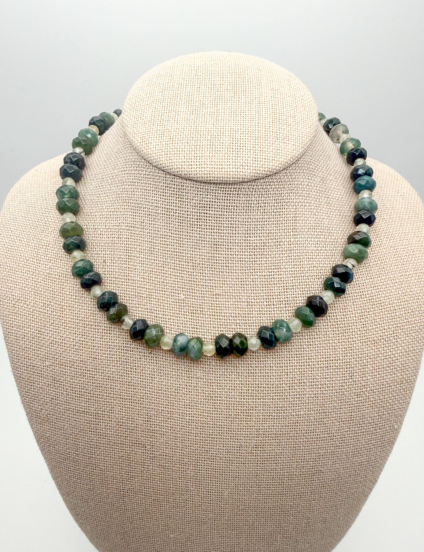 Natural Moss Agate Faceted Donut Shaped Crystal Beaded Necklace