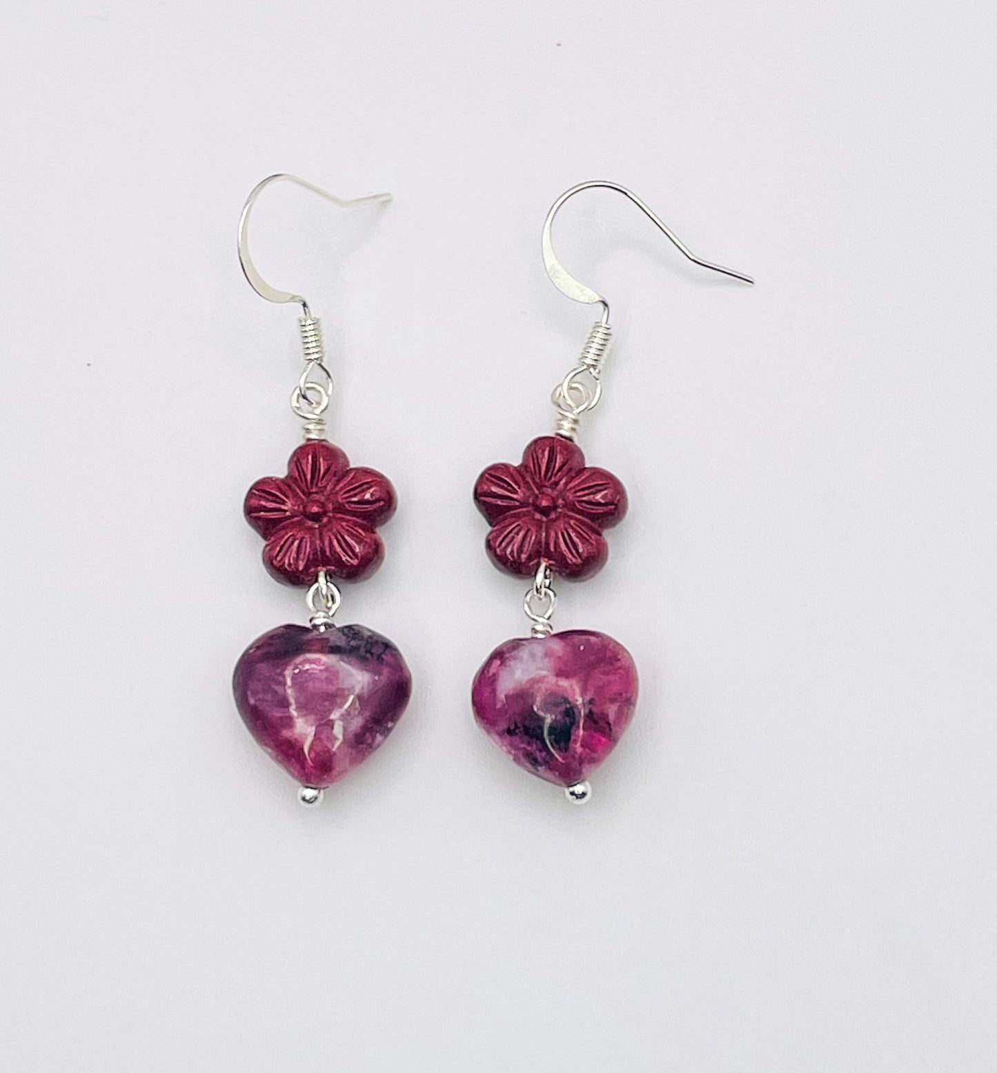 Purple Mica & Cinnabar Heart of Flowers Earrings