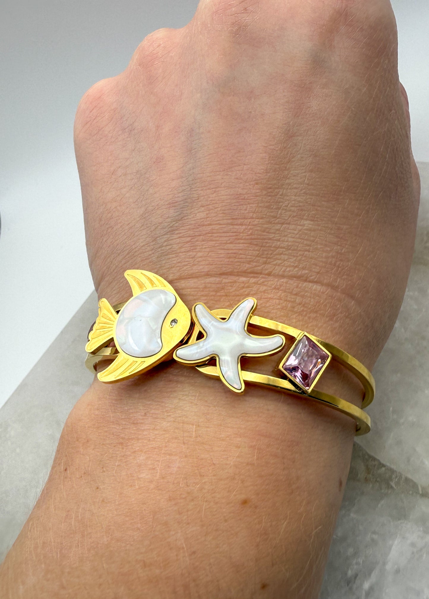 Gold Stainless Steel Sea Animal Open Front Bangle Bracelet