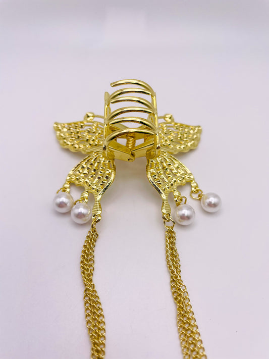 Small Size Gold Bling Butterfly Hair Clips with Dangling Gold Chain & Pearls