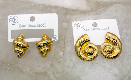 Gold Stainless Steel Shiny Conch Shell Stud Earrings