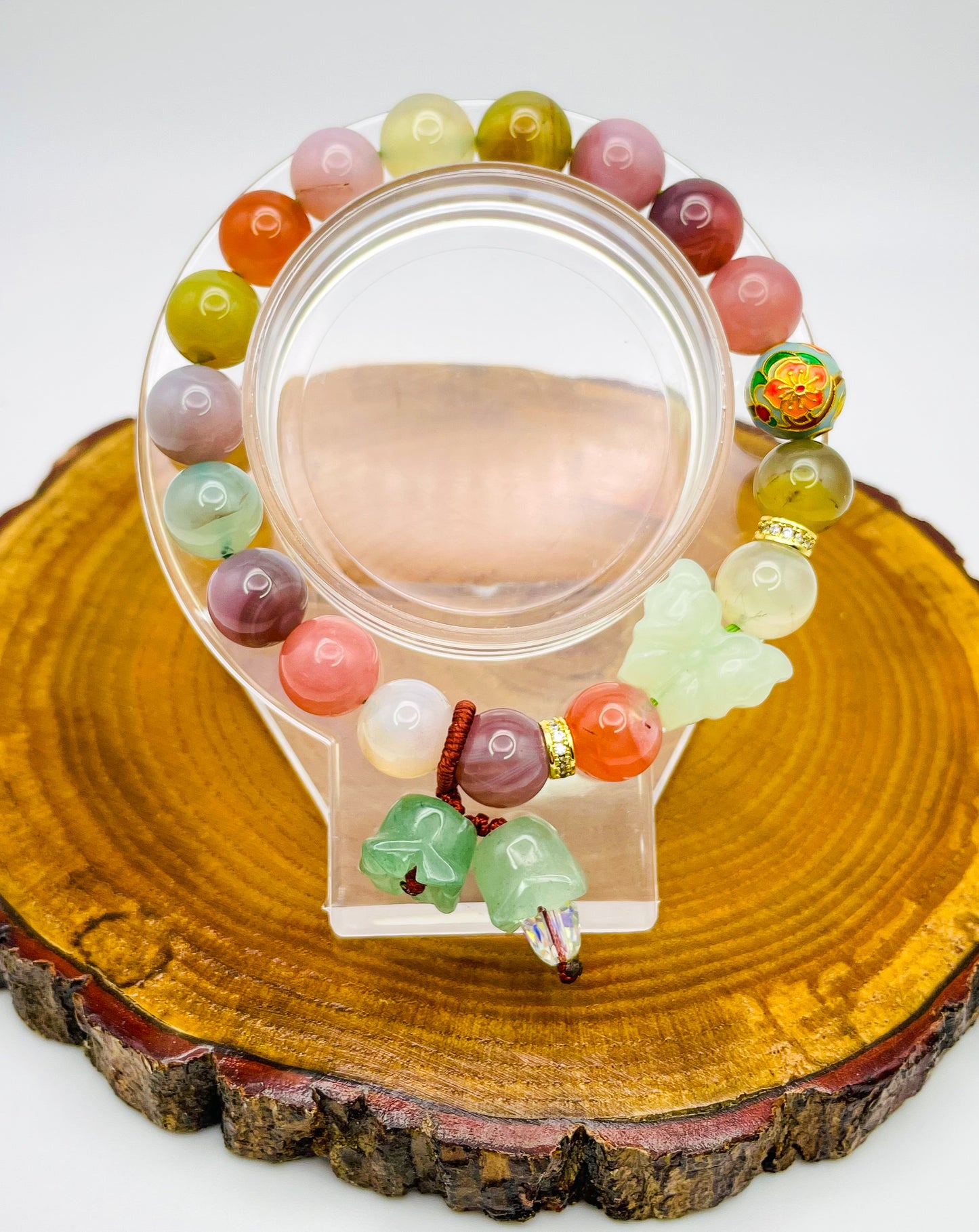 Natural Layered Yanyuan Agate Adjustable Stretch Bracelet with Natural Green Jade Butterfly Crystal Carving