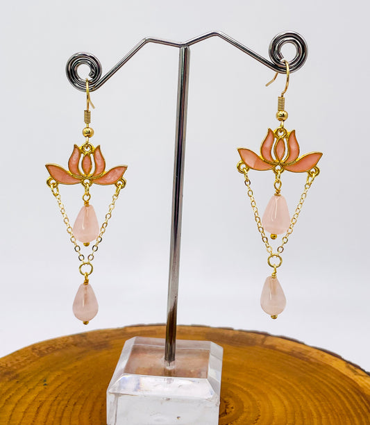 Gold Colorful Lotus Earrings with Natural Crystal Beaded Teardrops