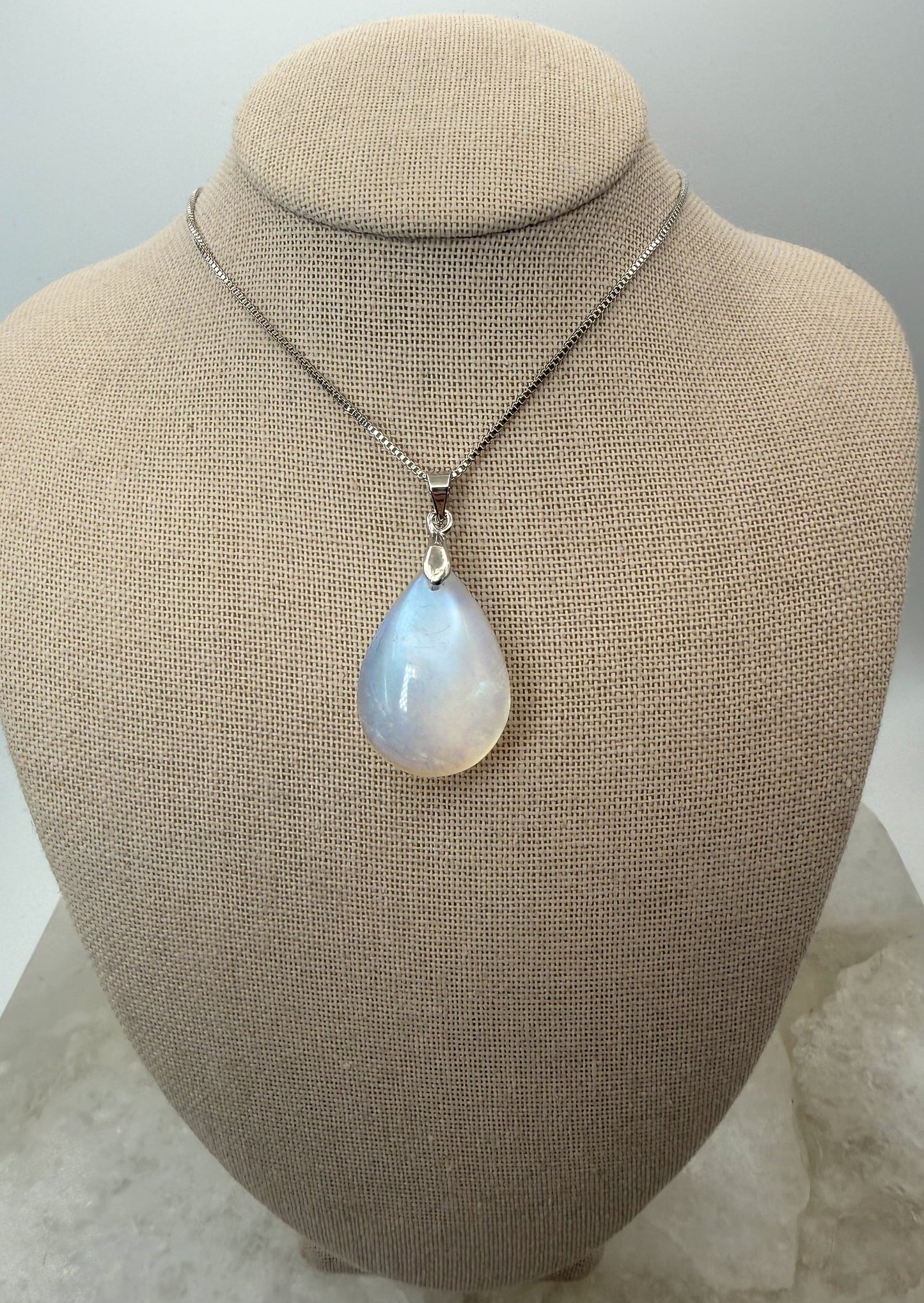 Natural Blue Moonstone Crystal Teardrop Pendant on Stainless Steel Chain Necklace