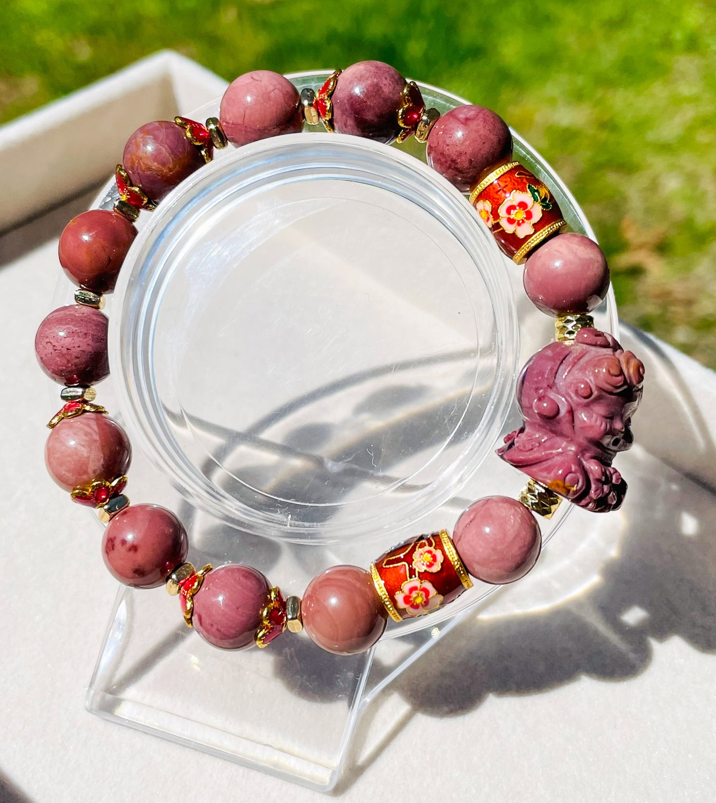 Natural Red Alashan Agate Skull Panda Baby Crystal Carving Beaded Stretch Adjustable Bracelet with 999 Gold Charm Spacers