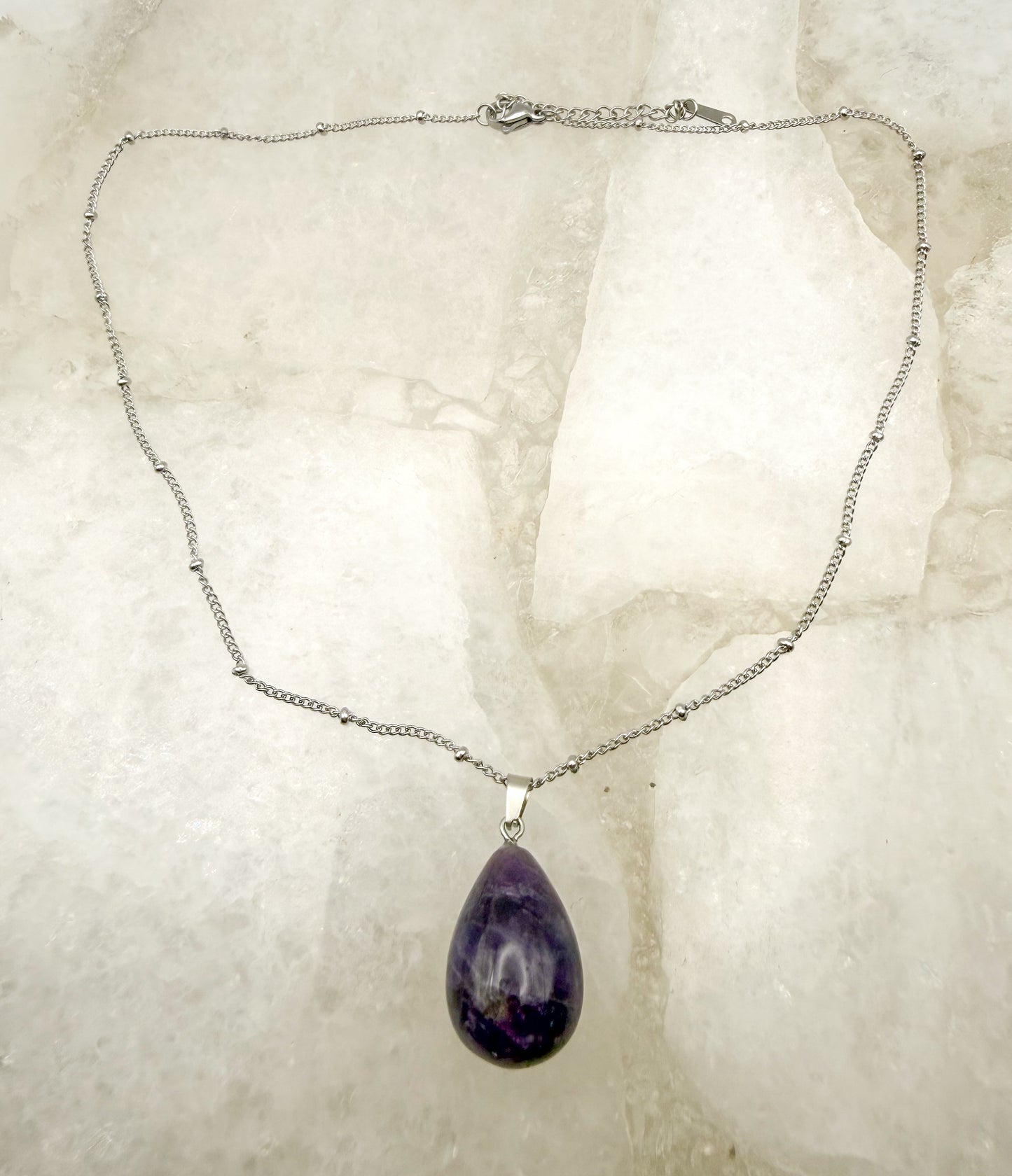Natural Amethyst Teardrop Pendant Stainless Steel Chain Necklace