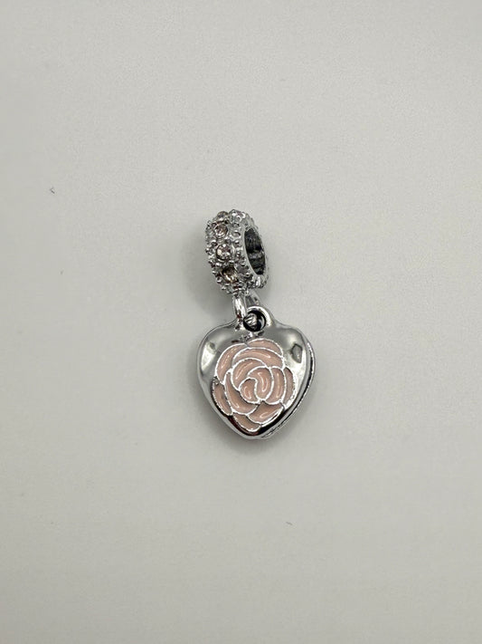 Pink Peony Flower on Silver Heart Pandora Style Charm