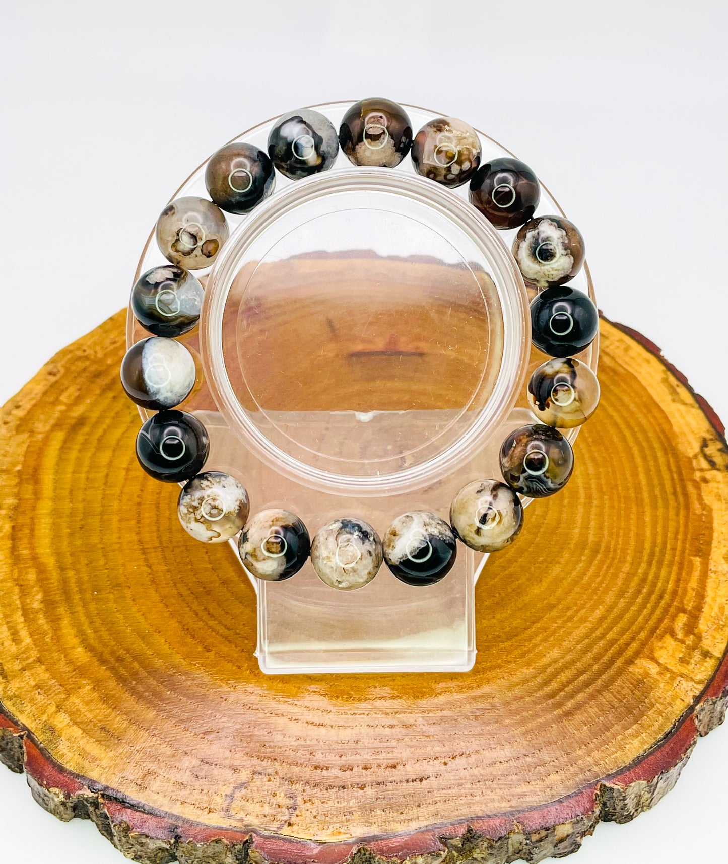 Natural Black Flower Agate Crystal Beaded Stretch Adjsutable Bracelet