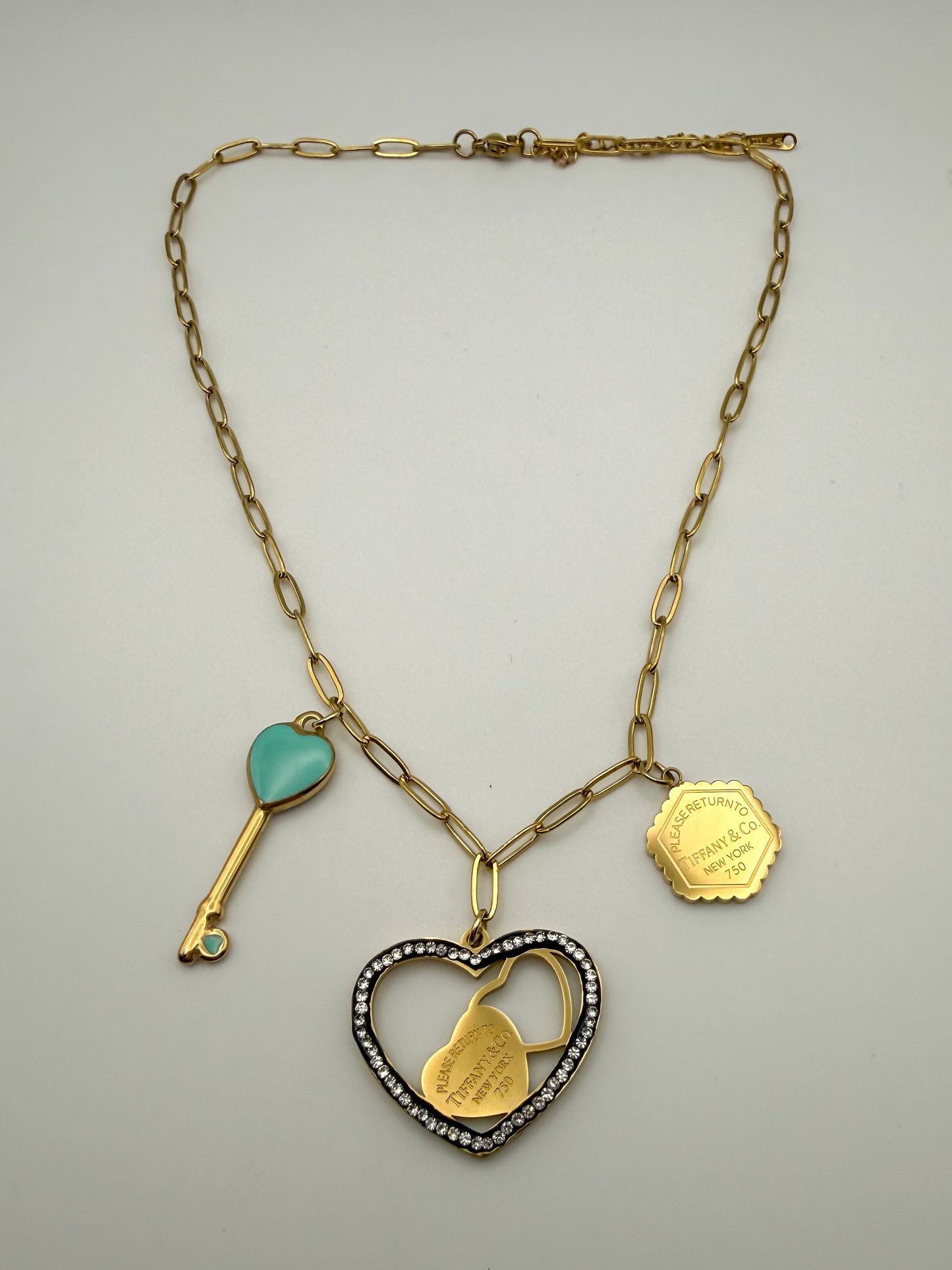 Gold Stainless Steel T&Co. Charm Necklace & Stud Earrings Jewelry Set