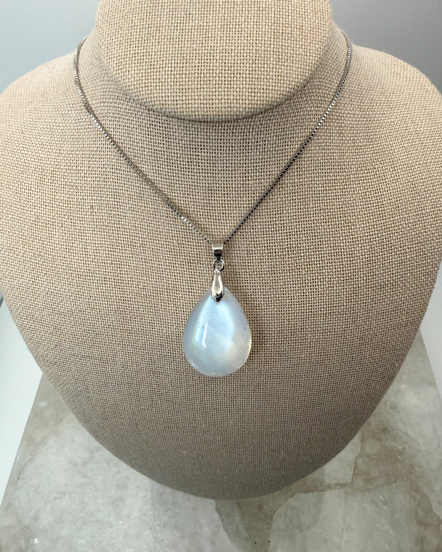 Natural Blue Moonstone Crystal Teardrop Pendant on Stainless Steel Chain Necklace