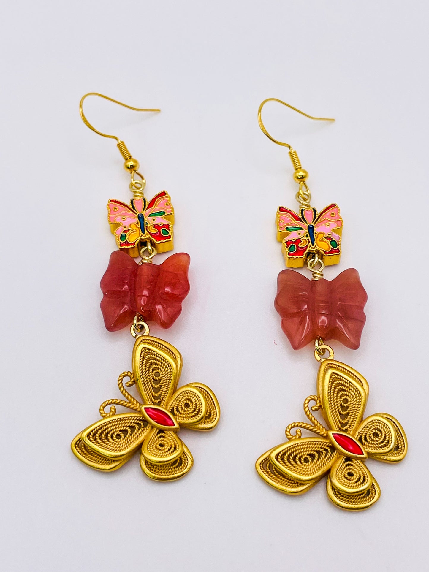 Triple Transformation Butterfly Earrings with Natural YanYuan Agate Butterfly Craved Beads