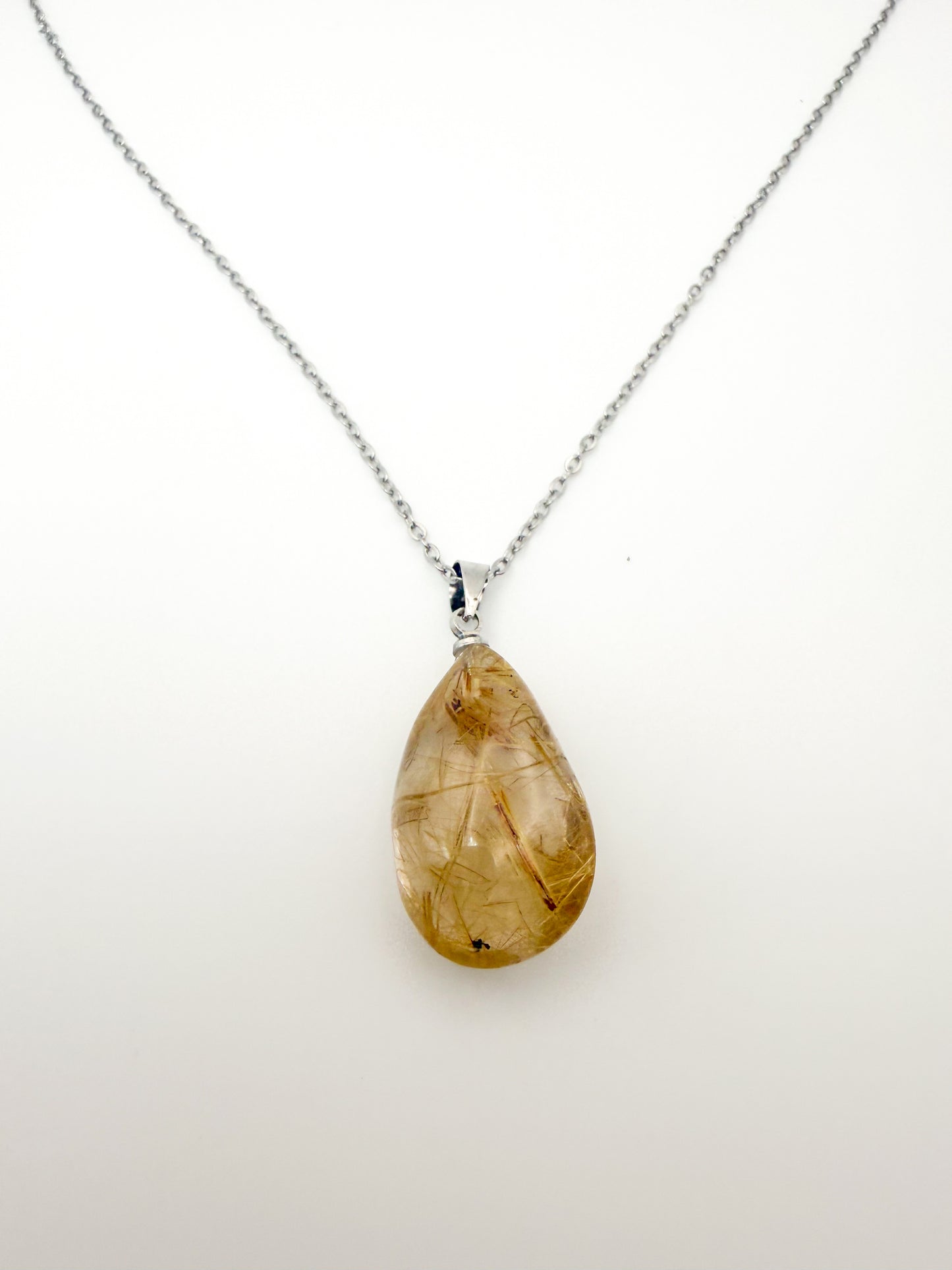 Natural Golden Rutilated Quartz Crystal Teardrop Pendant Stainless Steel Chain Necklace