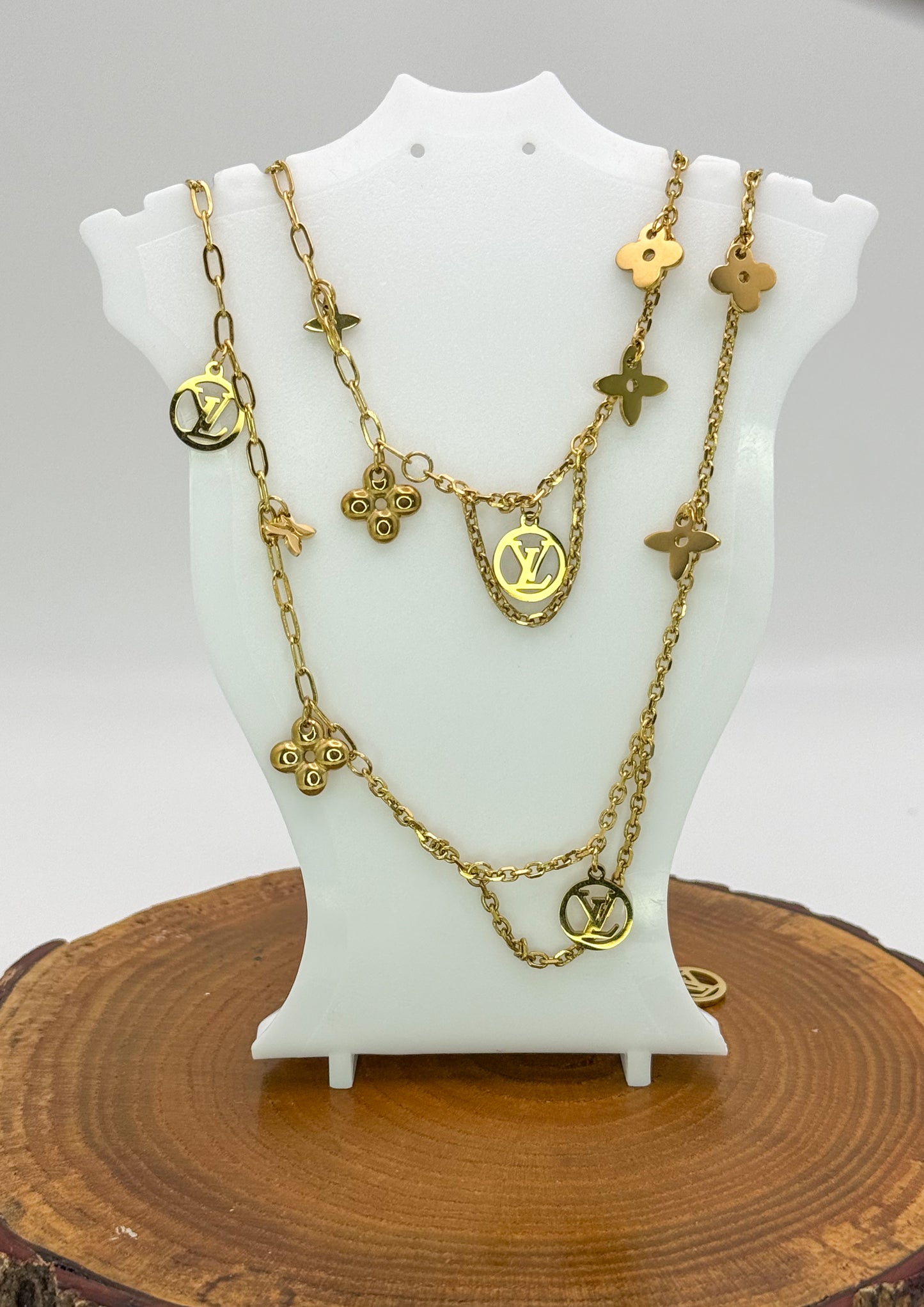 Matching LV Designer Logo Gold Stainless Steel Necklace & Bracelet Set