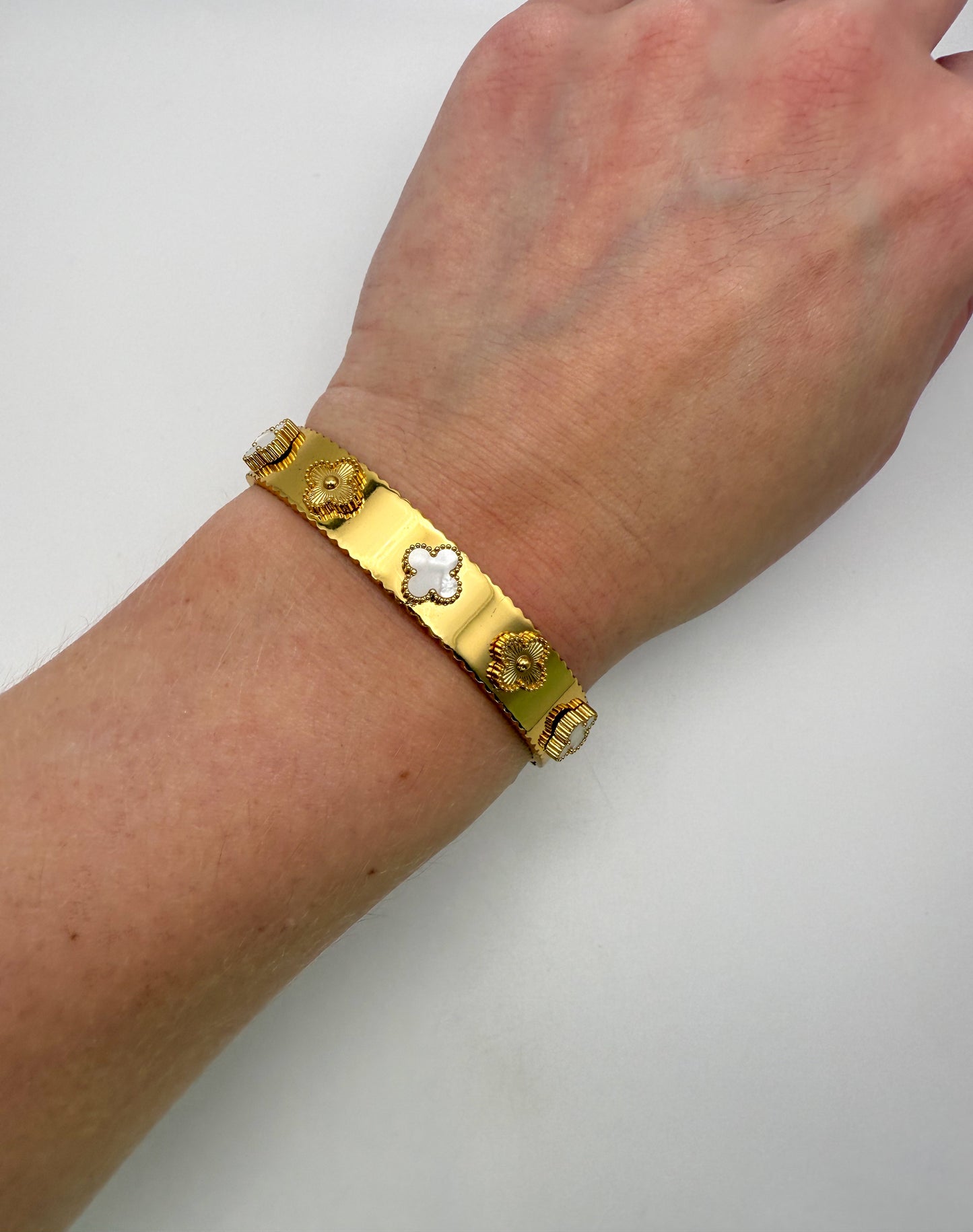 Gold with Mother of Pearl Shell Clover Bangle Bracelet
