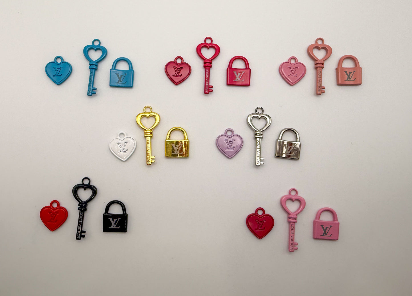 High Quality LV Inspired Lock N Key, Heart Colorful Metal Charm sets
