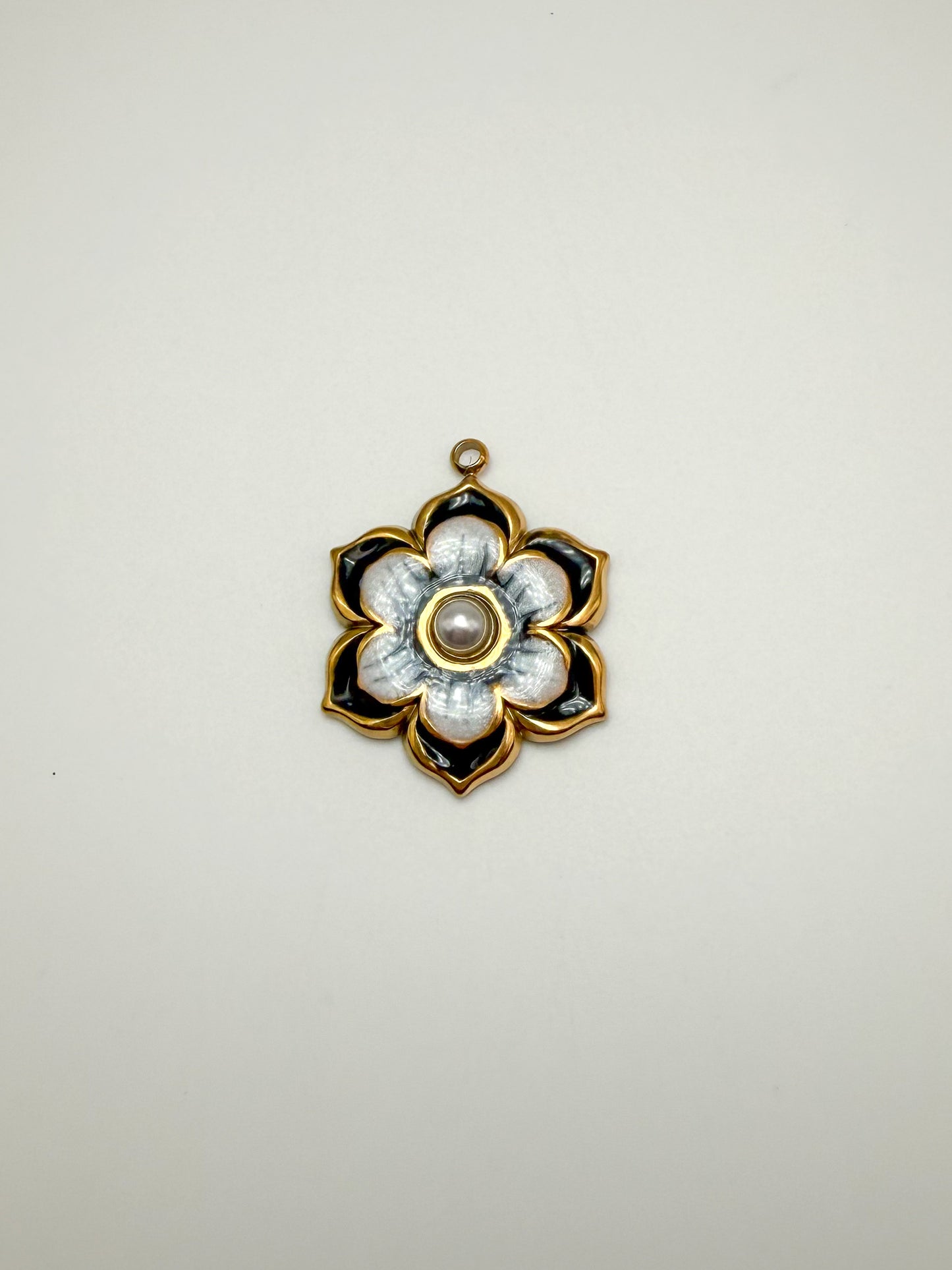 Stainless Steel Gold & Black Enamel Sakura Flower Charm Pendant
