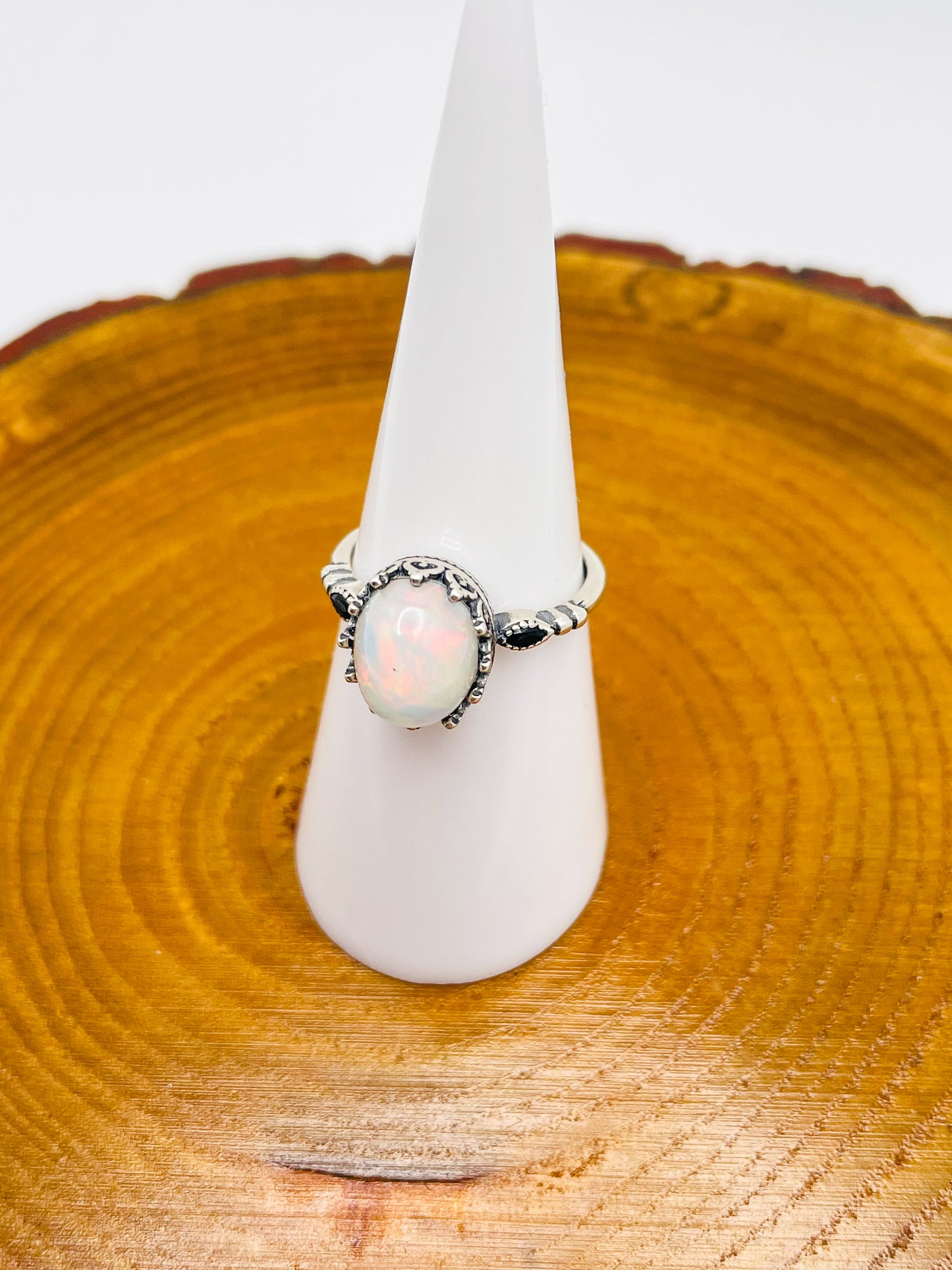 Sterling Silver Big White Opal Statement Adjustable Ring