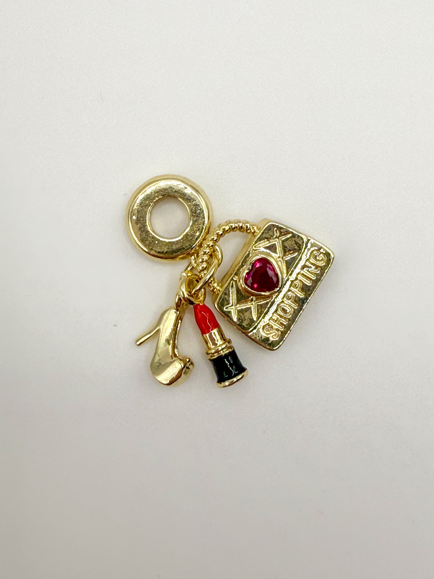 Gold Pandora Style Shopping Theme High Heel Lipstick Purse Dangling Charm Bead