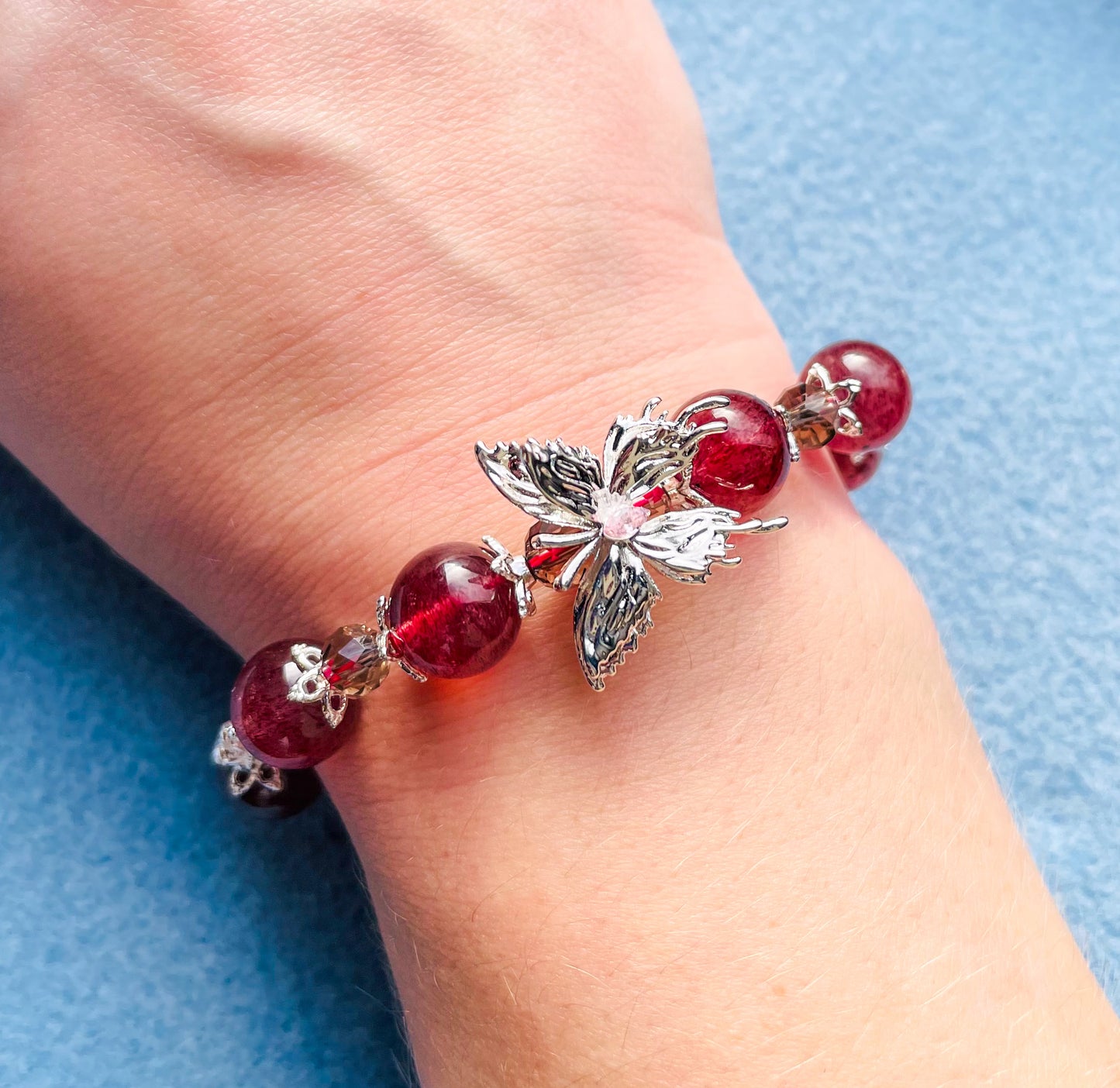 Natural Strawberry Quartz Crystal Silver Butterfly Bracelet