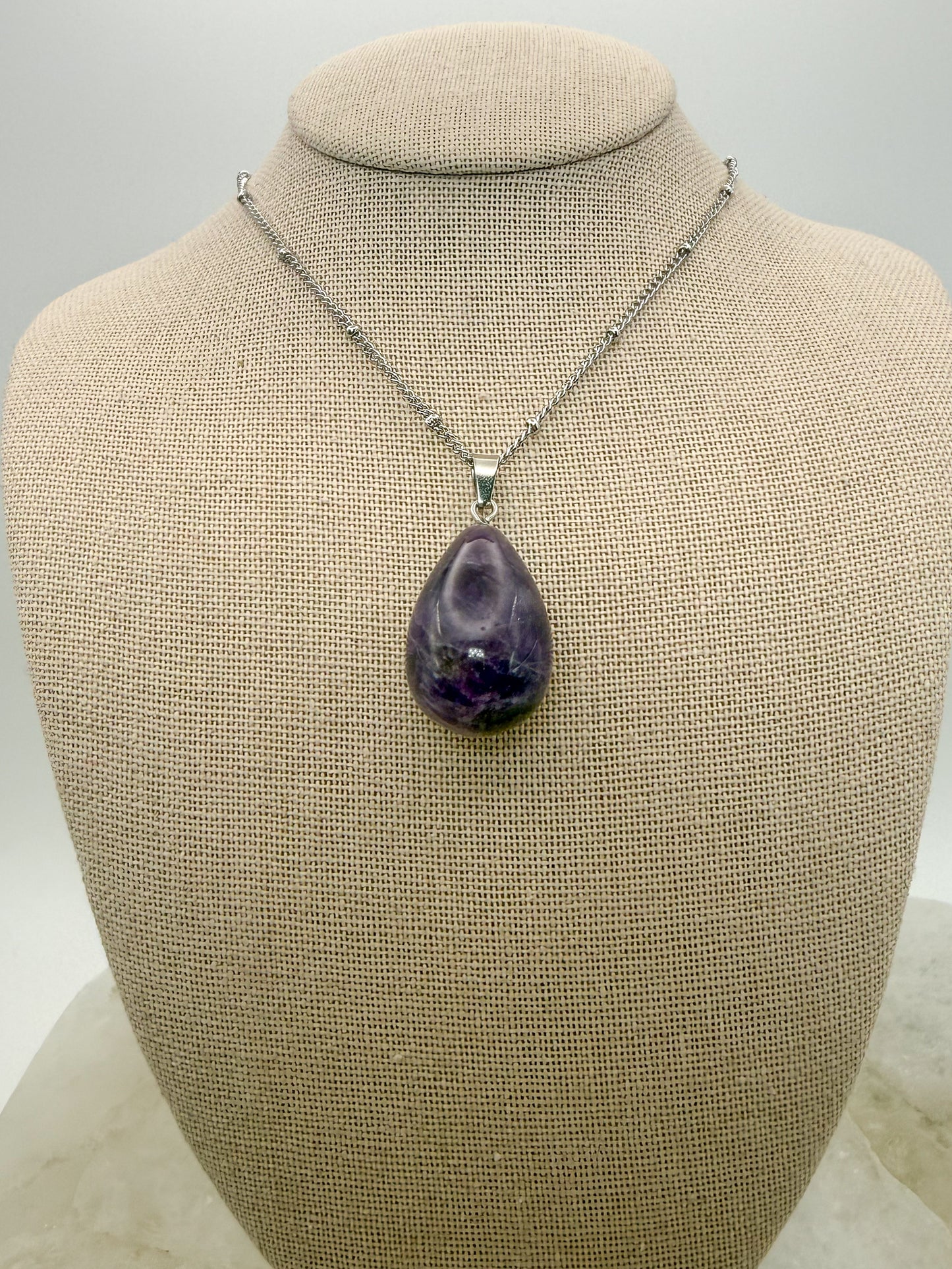 Natural Amethyst Teardrop Pendant Stainless Steel Chain Necklace