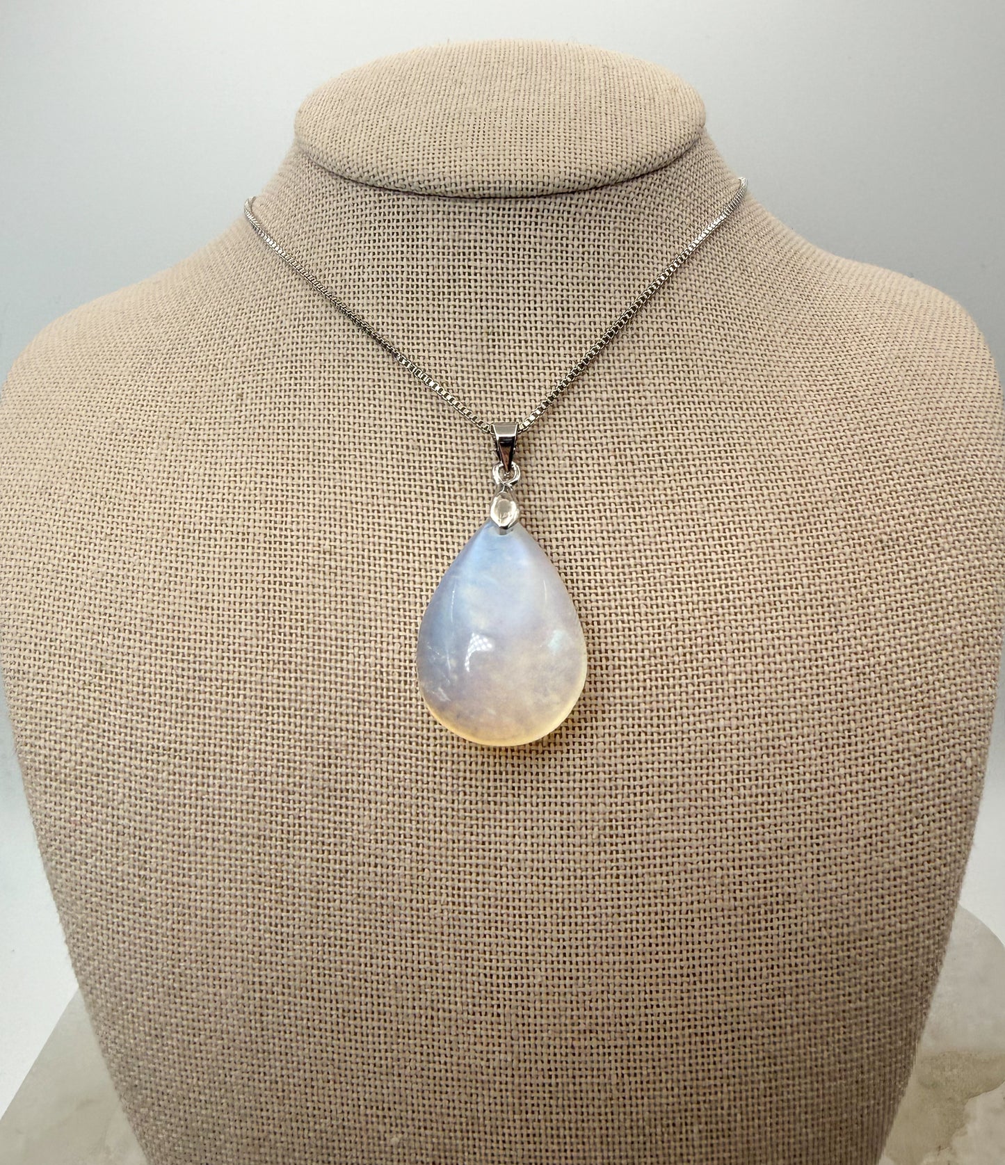 Natural Blue Moonstone Crystal Teardrop Pendant on Stainless Steel Chain Necklace