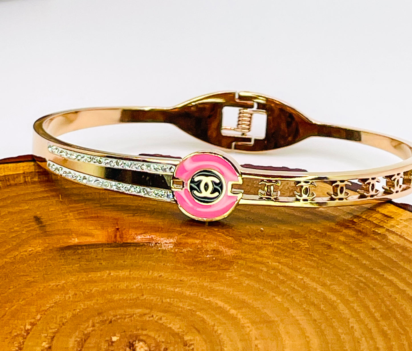 Pink Enameled CC Logo Gold Stainless Bangle Bracelet