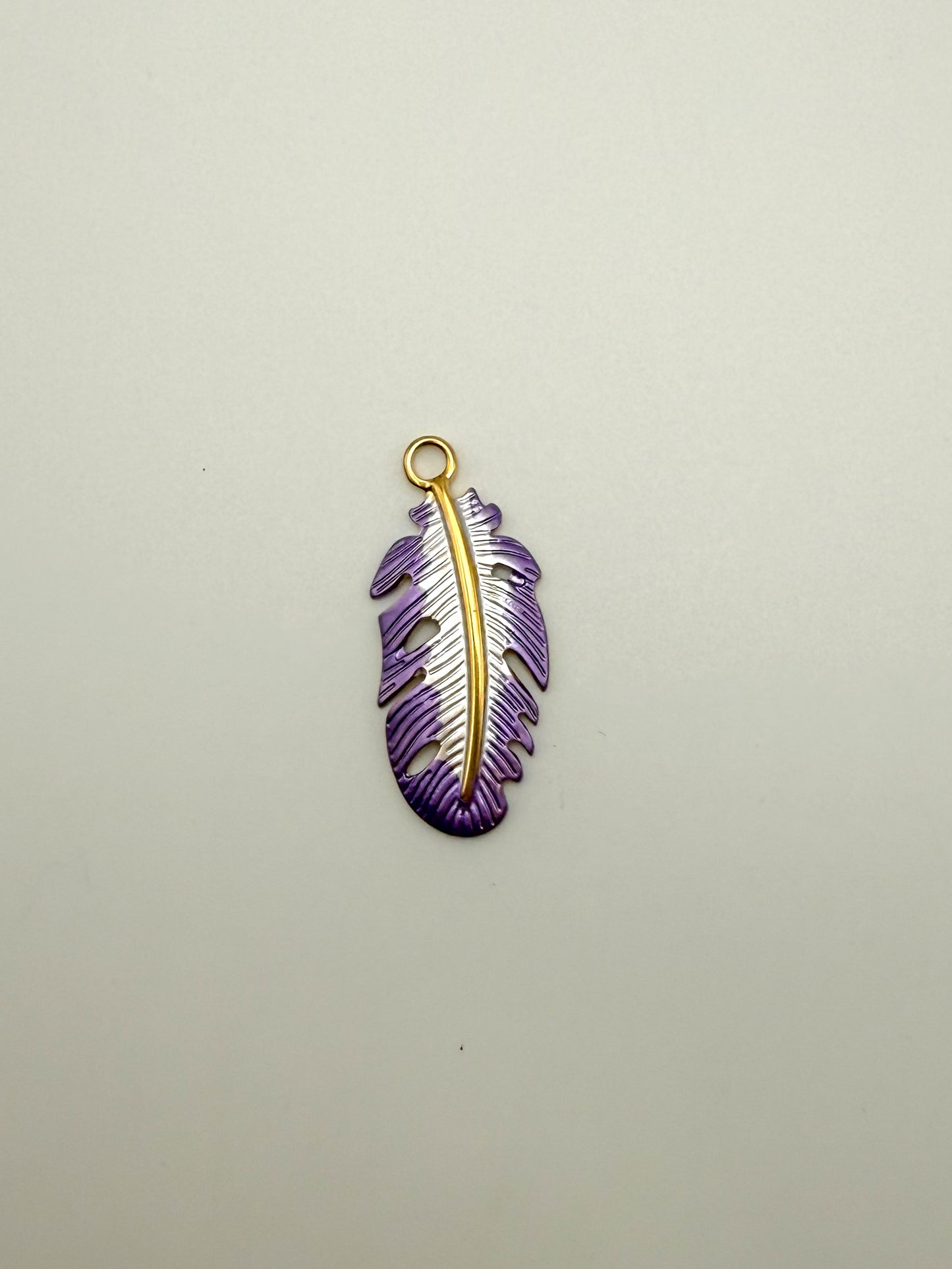 Stainless Steel Gold Purple Enamel Feather Charm Pendant