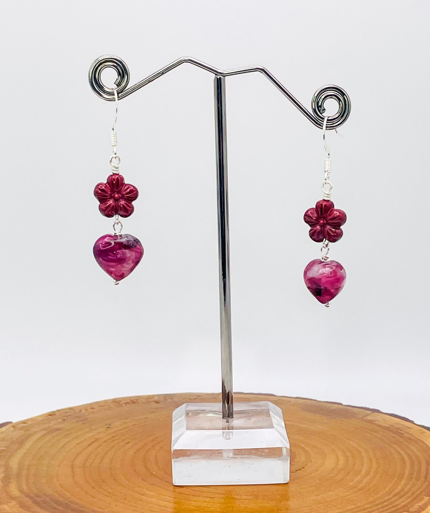 Purple Mica & Cinnabar Heart of Flowers Earrings