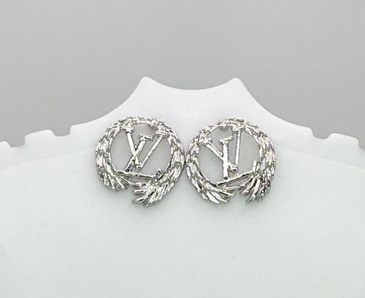 Silver LV Designer Feathered Round Stud Earrings