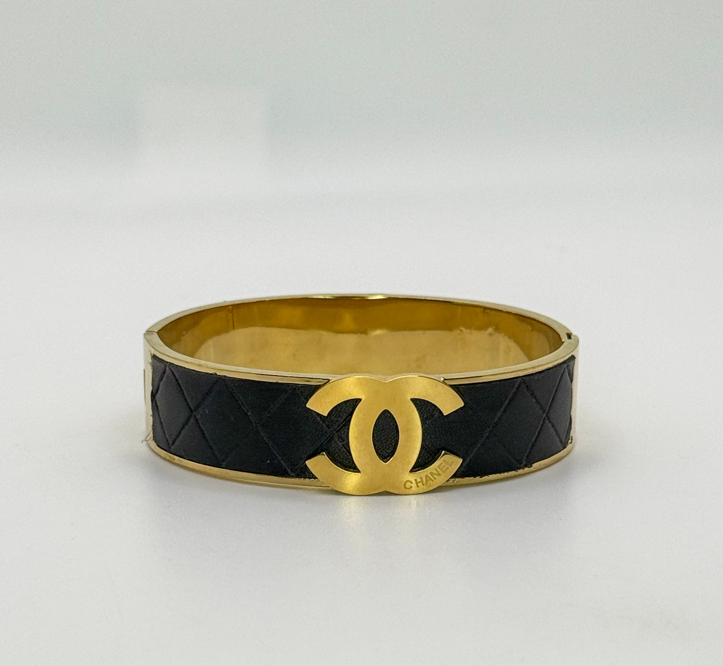Thick Gold CC Bangle Bracelet with  Leather Wrap