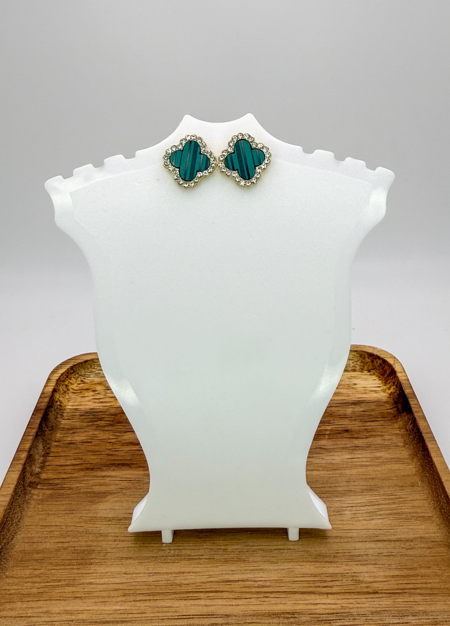 Malachite Green & Gold Clover Stud Earrings